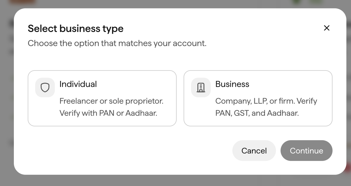 Select business type dialog with Individual and Business options