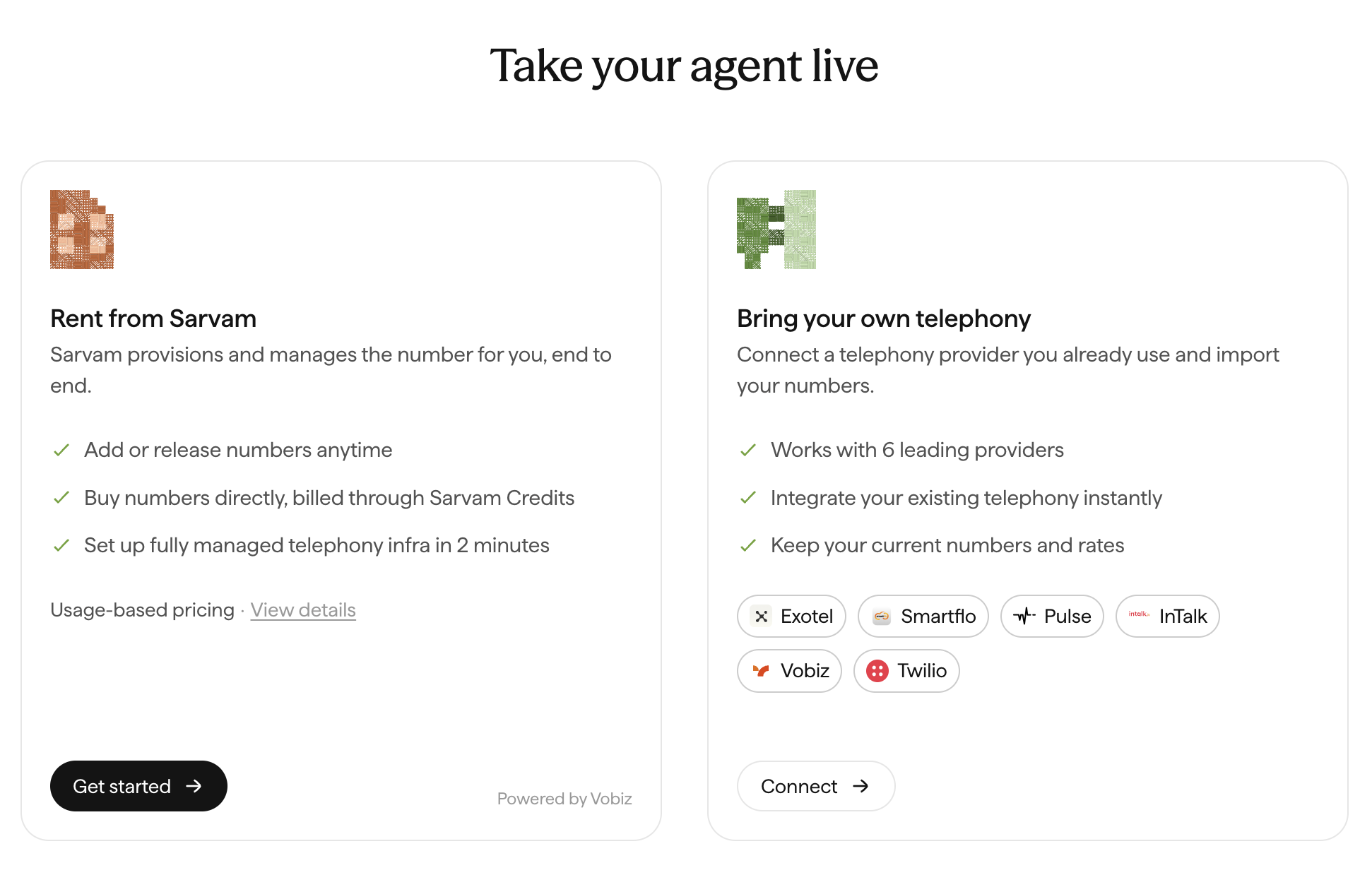 Sarvam Take your agent live screen with two cards: Rent from Sarvam, marked Powered by Vobiz, and Bring your own telephony listing supported providers including Vobiz