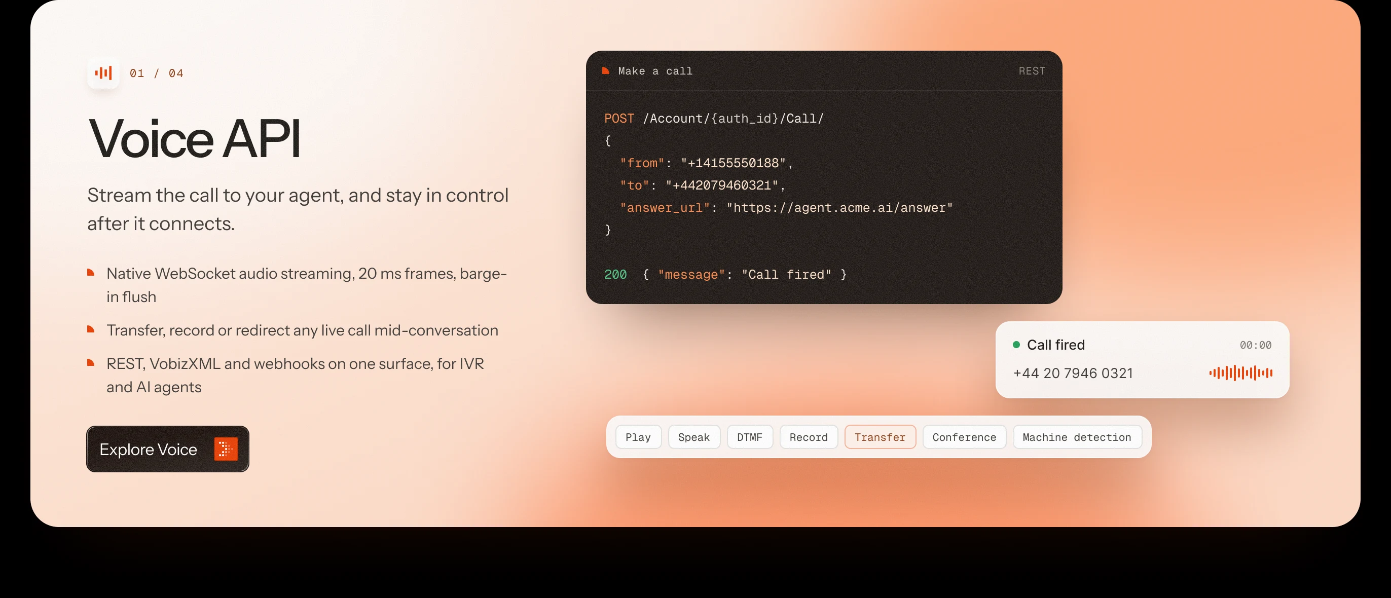 Voice API — make a call over REST, with mid-call controls